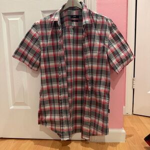 Hugo Boss Red and Gray Plaid Short Sleeve Shirt